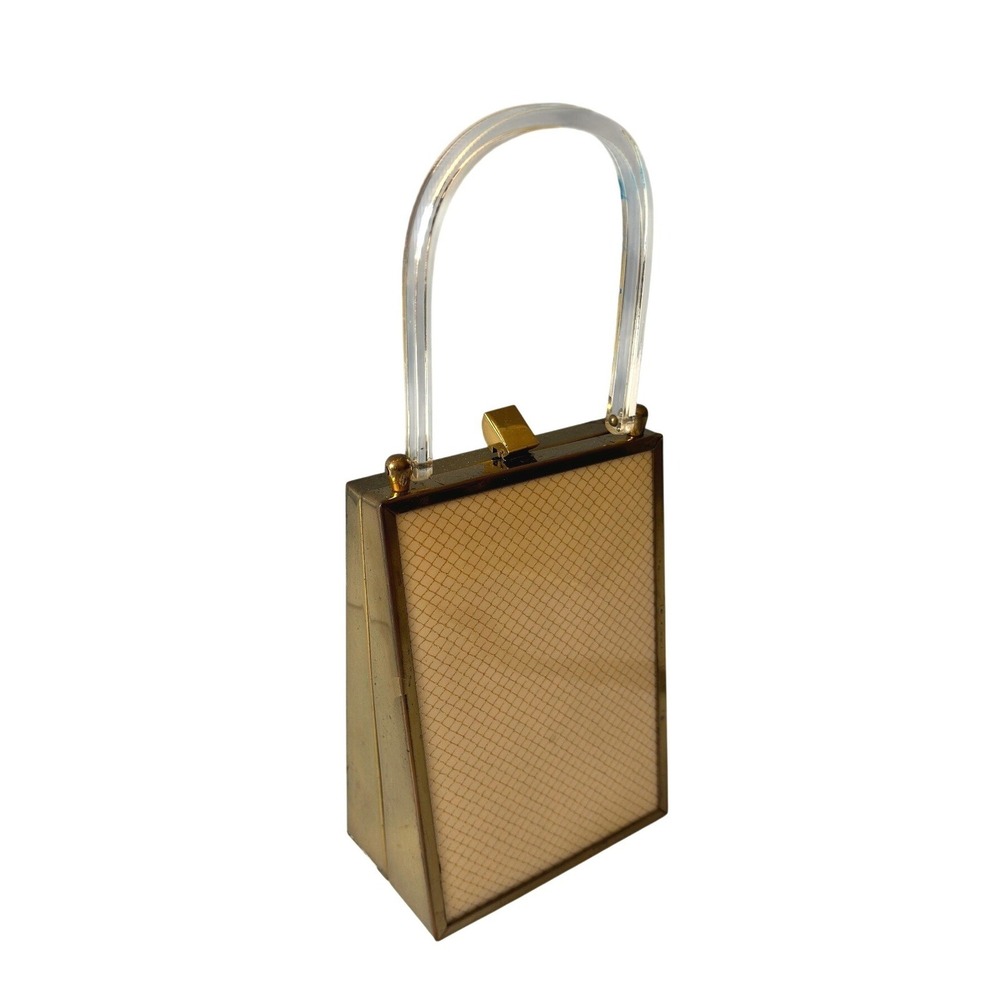 Vintage Mid Century Gold Lattice Box Clutch Clear Lucite Handle Evening Bag